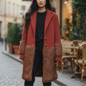 ANTHROPOLOGIE KEEPSAKE THE LABEL SHALLOWS FAUX FUR TRIMMED COAT RUST SZ MEDIUM